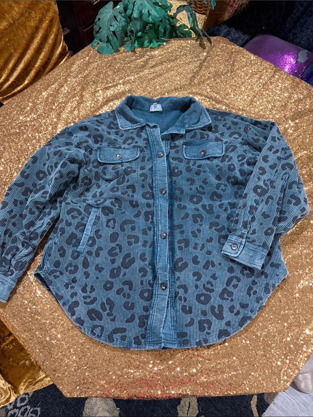 BiBi Blue Corduroy Leopard-Print Button-Up Jacket